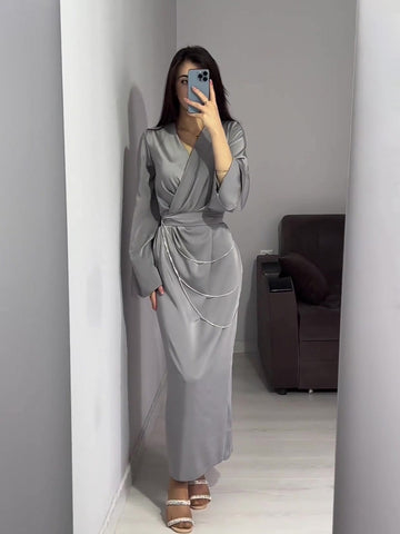 Woochic robe à manches longues col en V à lacets bordure métallisée gris S